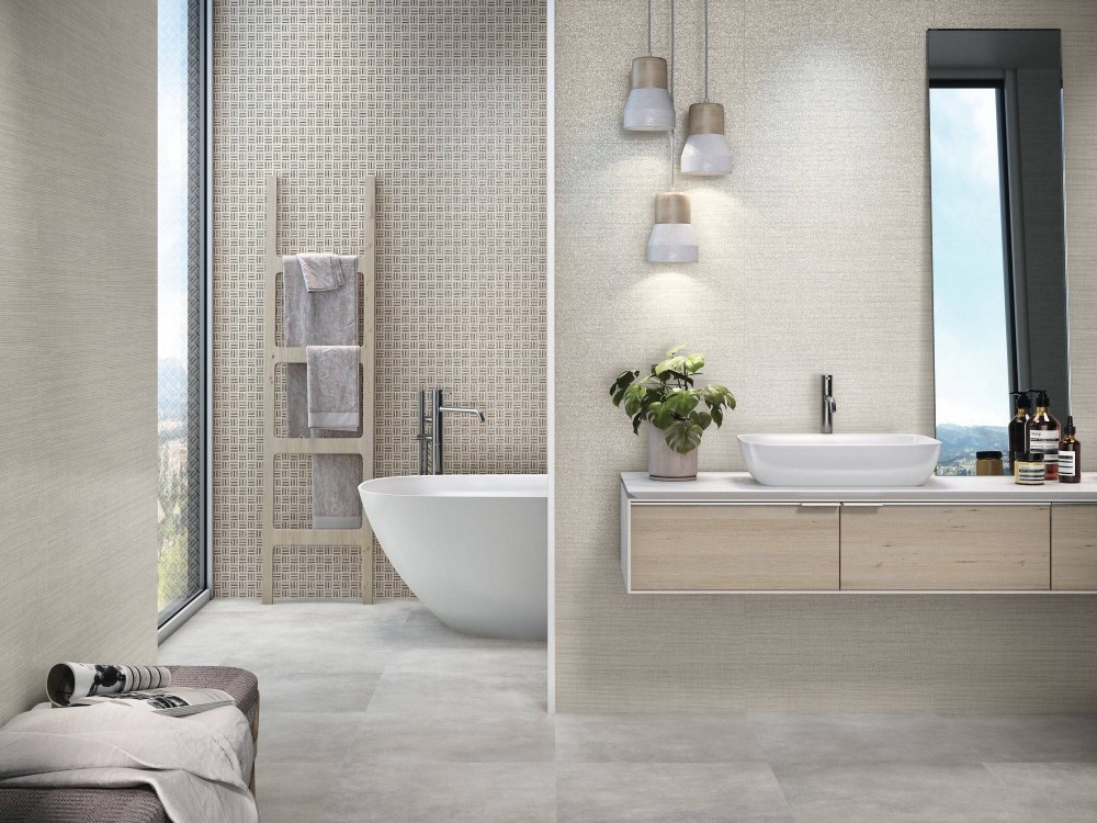 Carrelage rectifié grès cérame mur salle de bain, effet trame tissu. Format 30 x 60, couleur mix cappuccino Versatile InstaHouse