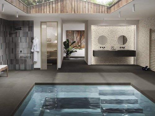 Carrelage Sol / Mur Effet Terre Cuite Grand Format 120x120 et 60x120 R10 Rhodophyte InstaHouse ARGILLAE APE Fumée Sol piscine