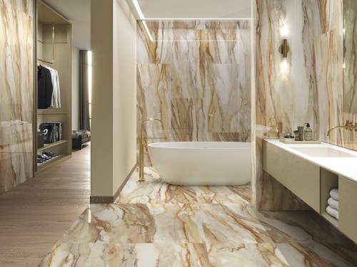 Carrelage Sol / Mur Effet Marbre Grain Poli Effet Miroir 120x120 grand format Chara InstaHouse Eternal Gold APE salle de bain