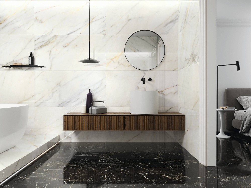 Carrelage Sol / Mur Imitation Marbre Noir Grand format 60x120 Grain Poli Effet Miroir Spiciféra Night Lux APE Sol salle de bain