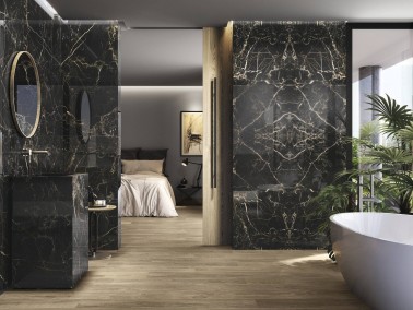 Carrelage Imitation Marbre Noir Grand format 60x120 Grain Poli Effet Miroir Spiciféra Night Lux APE Mur chambre salle de bain