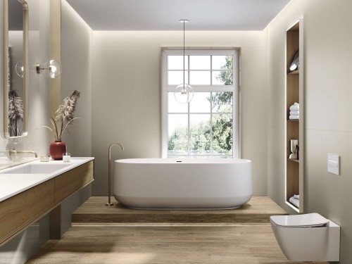 Carrelage sol et mur 60 x 120 couleur champagne finition mat Collection Swing chez Instahouse Mur salle de bain