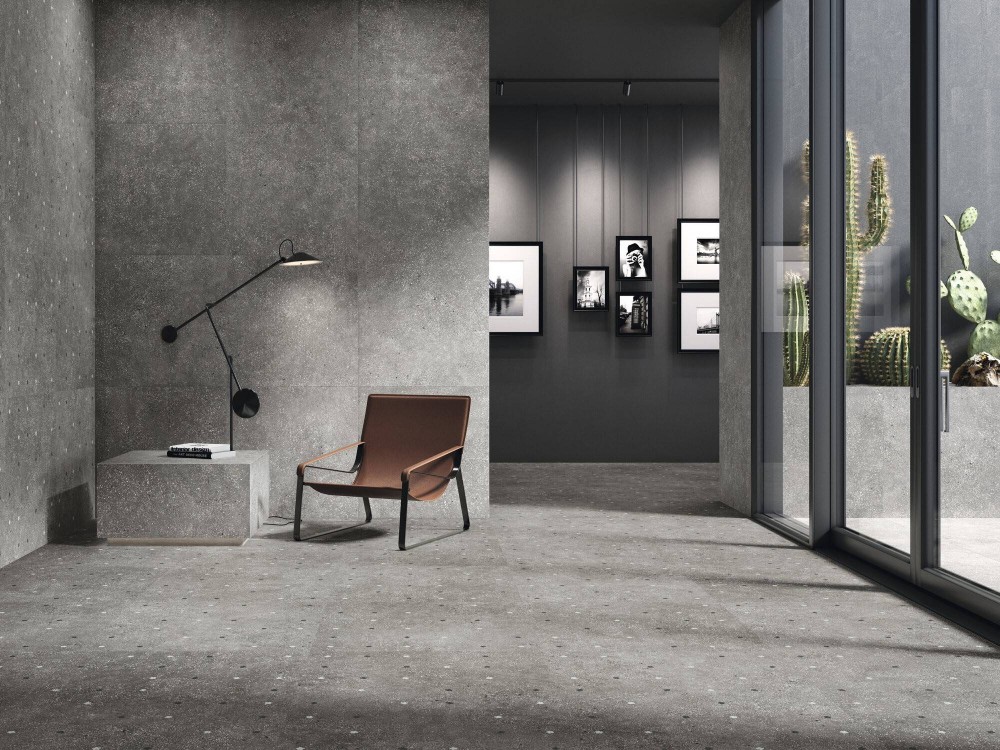 Carrelage grès cérame sol galerie bureau effet ciment incrustation fleurs 90 x 90 cm couleur graphite collection Géo InstaHouse