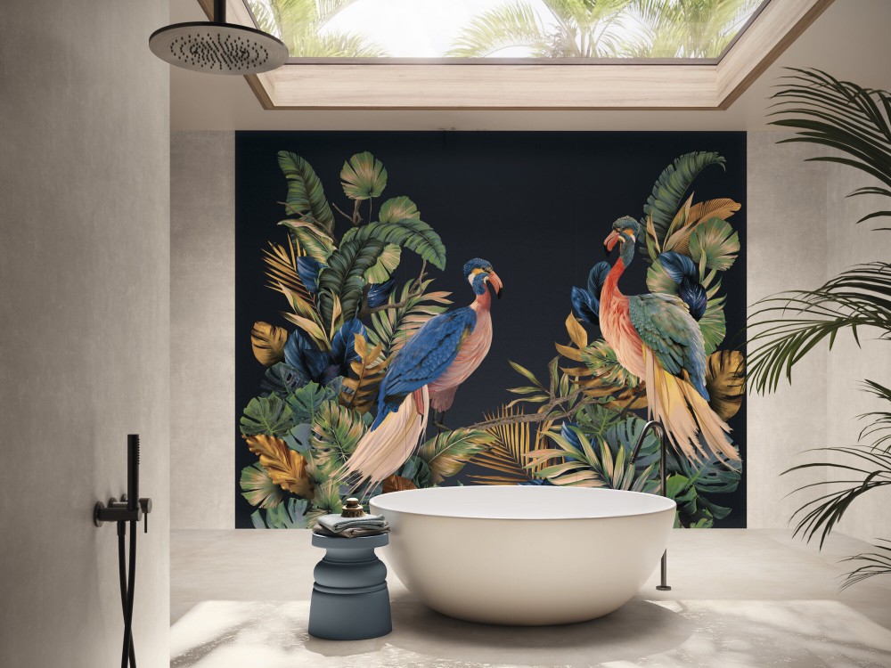 Carrelage Décoratif Mur Effet Panoramique grand format 120x280 Arty Décor Oiseau  InstaHouse Atelier APE Mur salle de bain