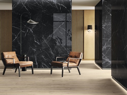 Carrelage Sol / Mur Marbre Noir 120x280 Grain Poli effet miroir Night InstaHouse Marquina Night APE mur salon