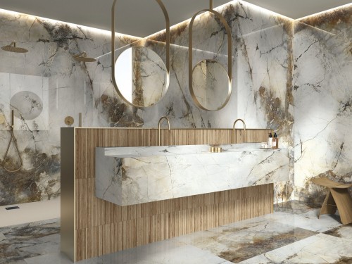 Carrelage Sol / Mur Marbre Or 120x280 Grain Poli effet miroir Gold Marble InstaHouse Gold Hard APE mur sol salle de bain
